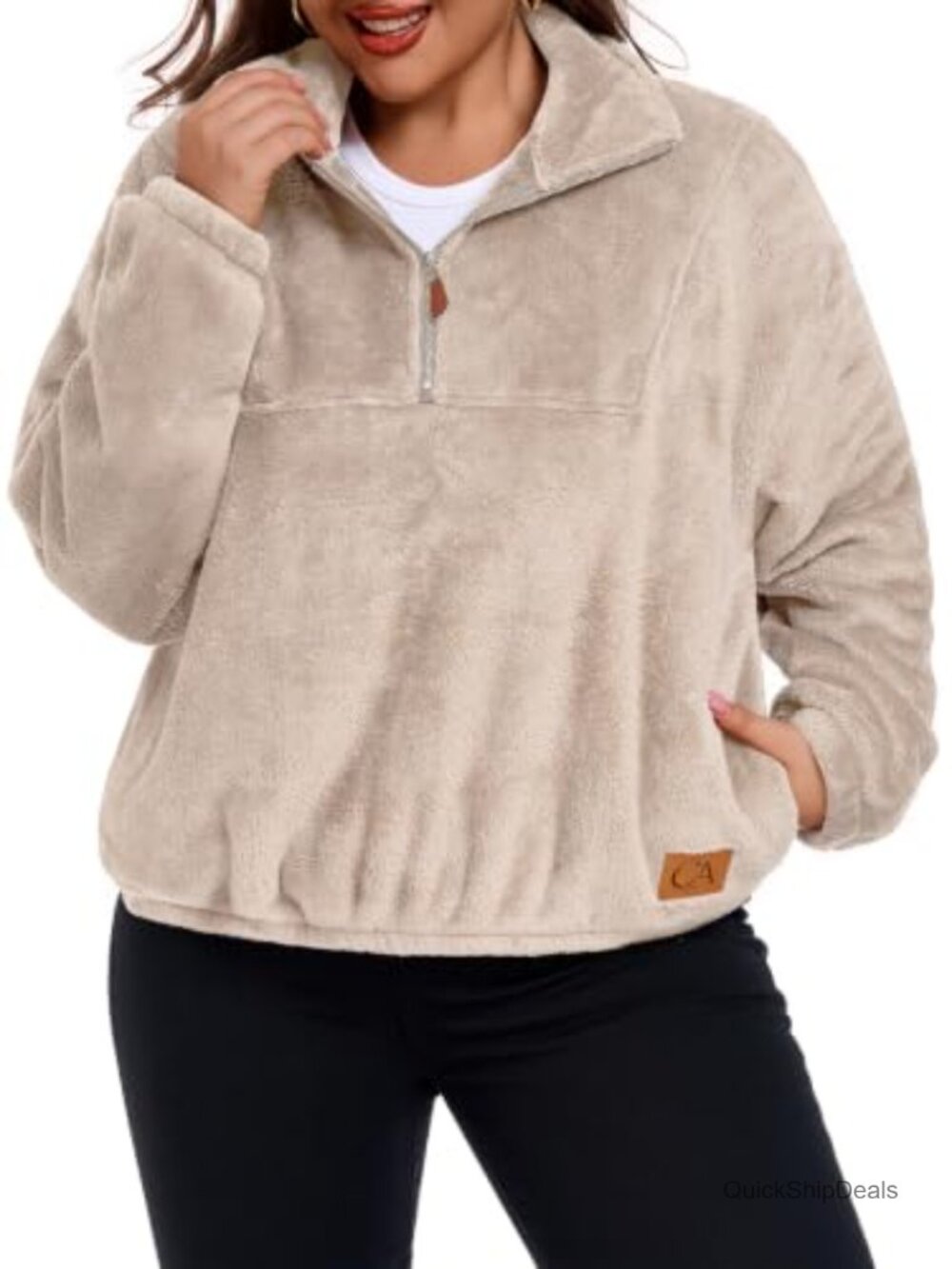 Plus Size Half Zip Fuzzy Fleece Pullover Sweatshirt A-Line Loose Fit